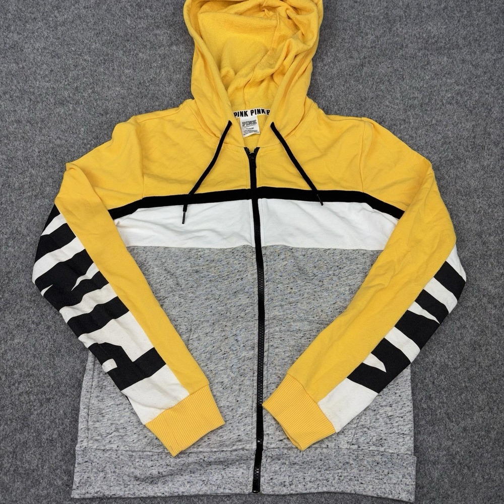Pink Victorias Secret Jacket Women's Medium Yellow Full Zip Hooded Colorblock